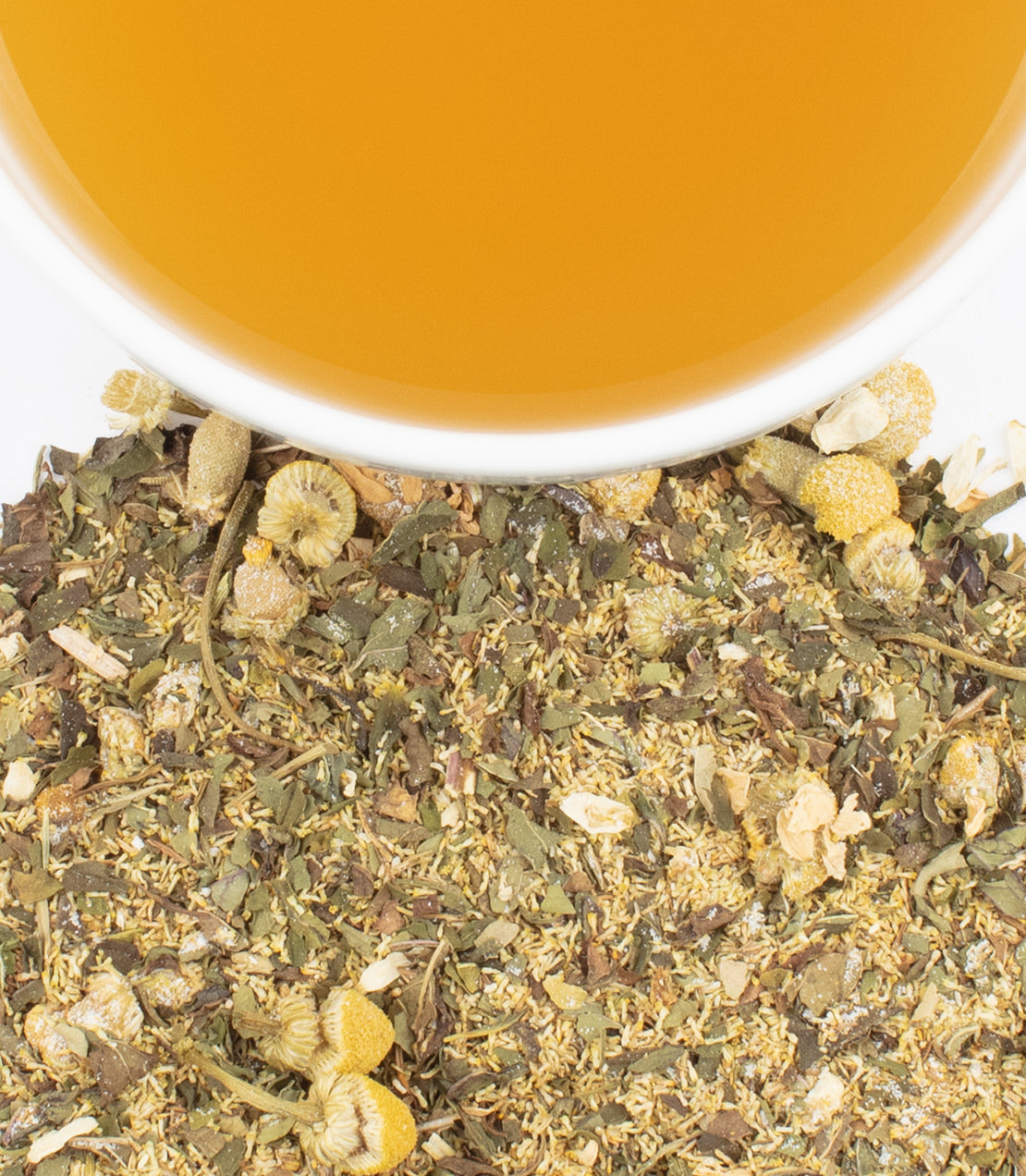 Chamomile Mint tea blend with CBD, featuring dried herbs and a cup of brewed tea. Relaxing and soothing beverage.