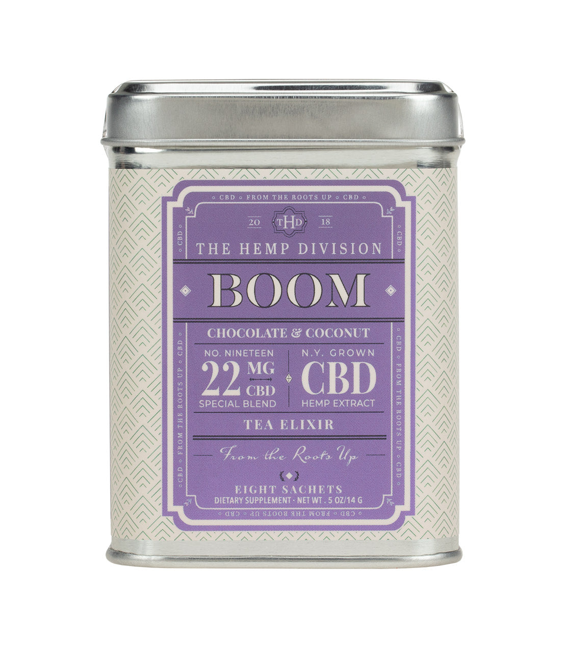 "Boom Chocolate & Coconut tea elixir with 22 MG CBD, packaged in a decorative tin, contains eight sachets.