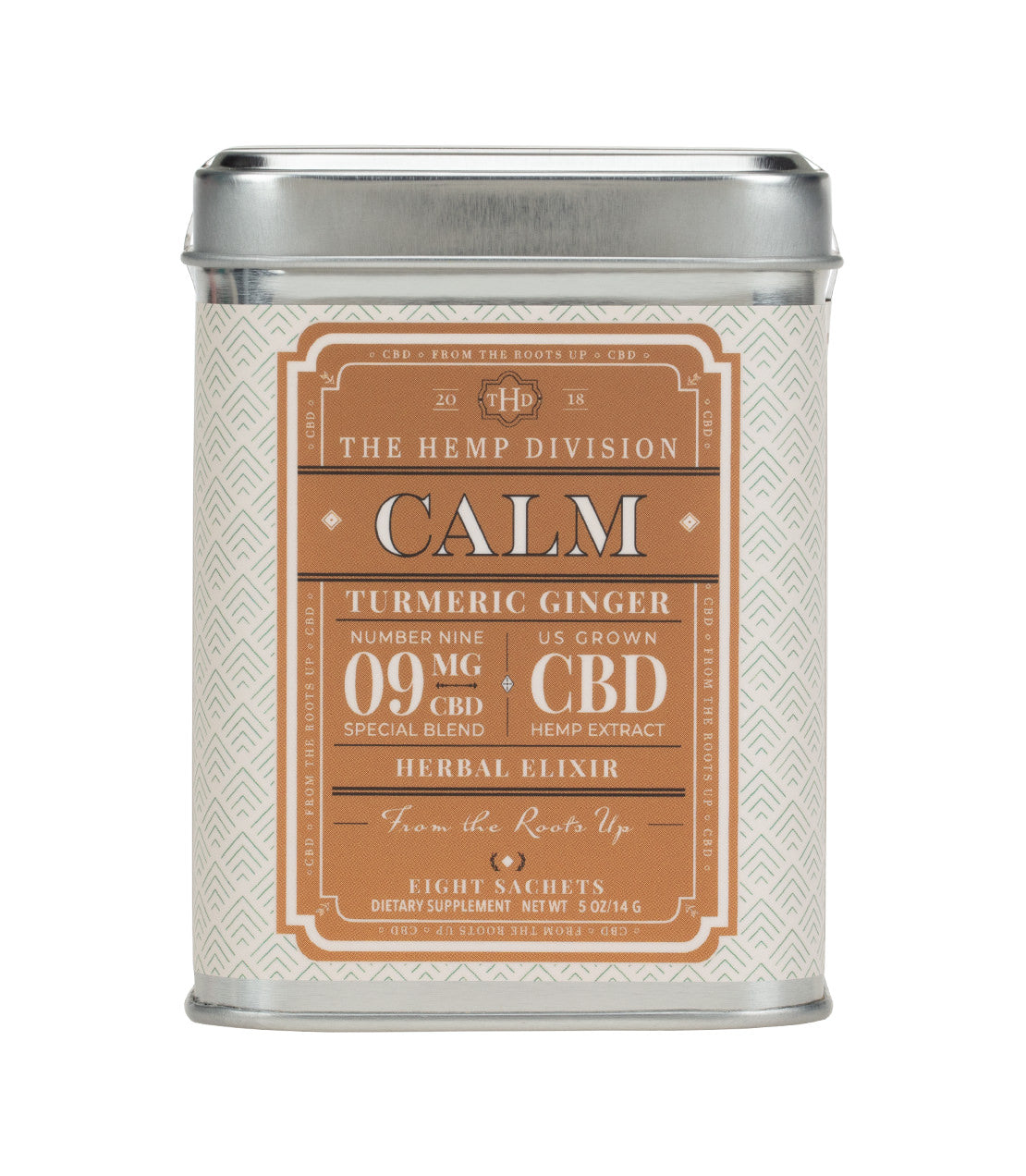 Turmeric Ginger Calm herbal elixir tin with 9 MG CBD, featuring eight sachets for dietary supplementation.