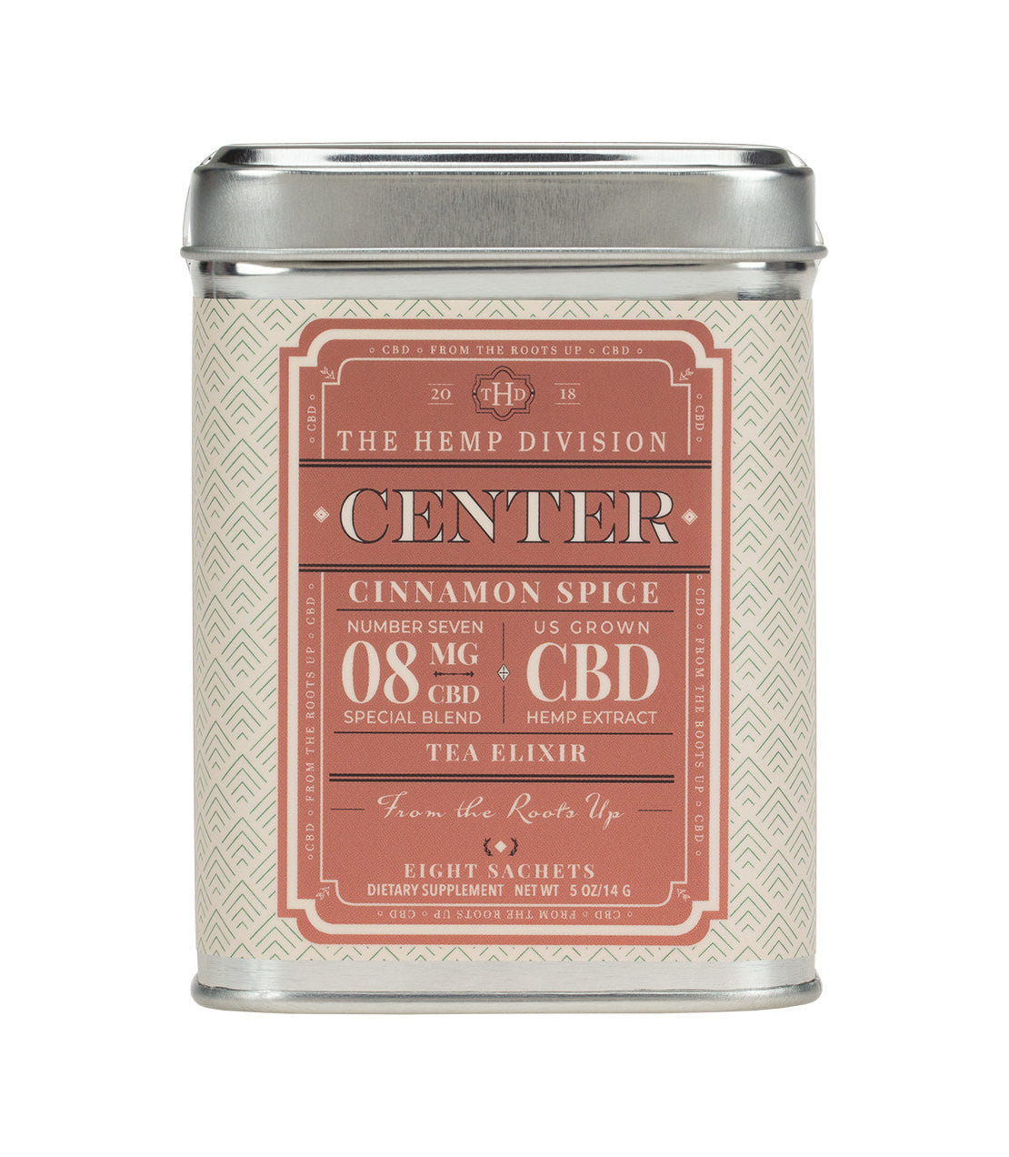 Cinnamon Spice CBD tea elixir tin with 8 MG CBD, featuring a decorative label and eight sachets inside.