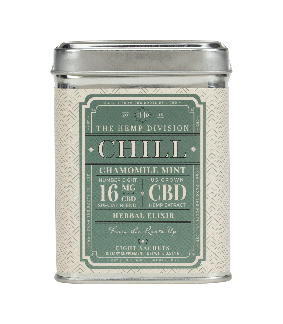 Chamomile Mint Chill herbal elixir tin with 16 MG CBD, featuring eight sachets for relaxation and wellness.