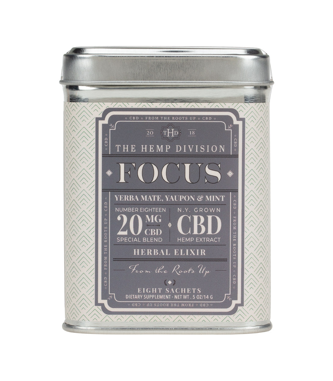 Tin of Yerba Mate, Yaupon & Mint herbal elixir with 20 MG CBD, labeled "Focus," containing eight sachets.