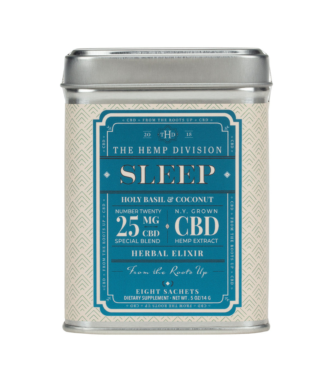 Tin of Holy Basil & Coconut Sleep herbal elixir with 25 MG CBD, featuring eight sachets for relaxation.