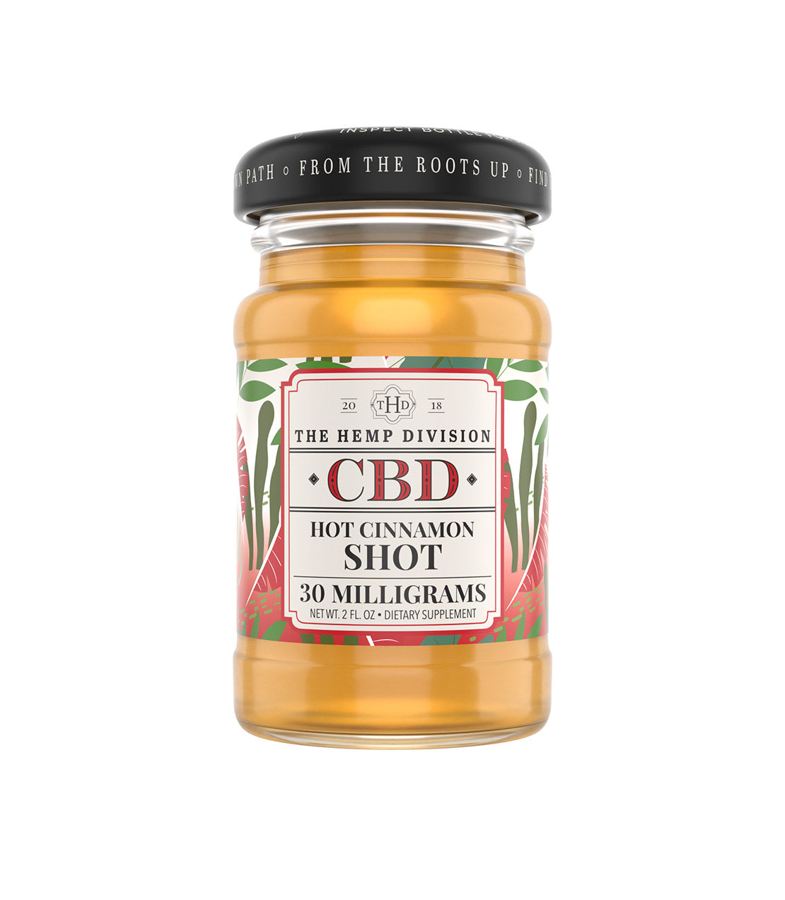 Hot Cinnamon Shot CBD supplement in a glass jar, featuring 30 mg of CBD and vibrant packaging design.