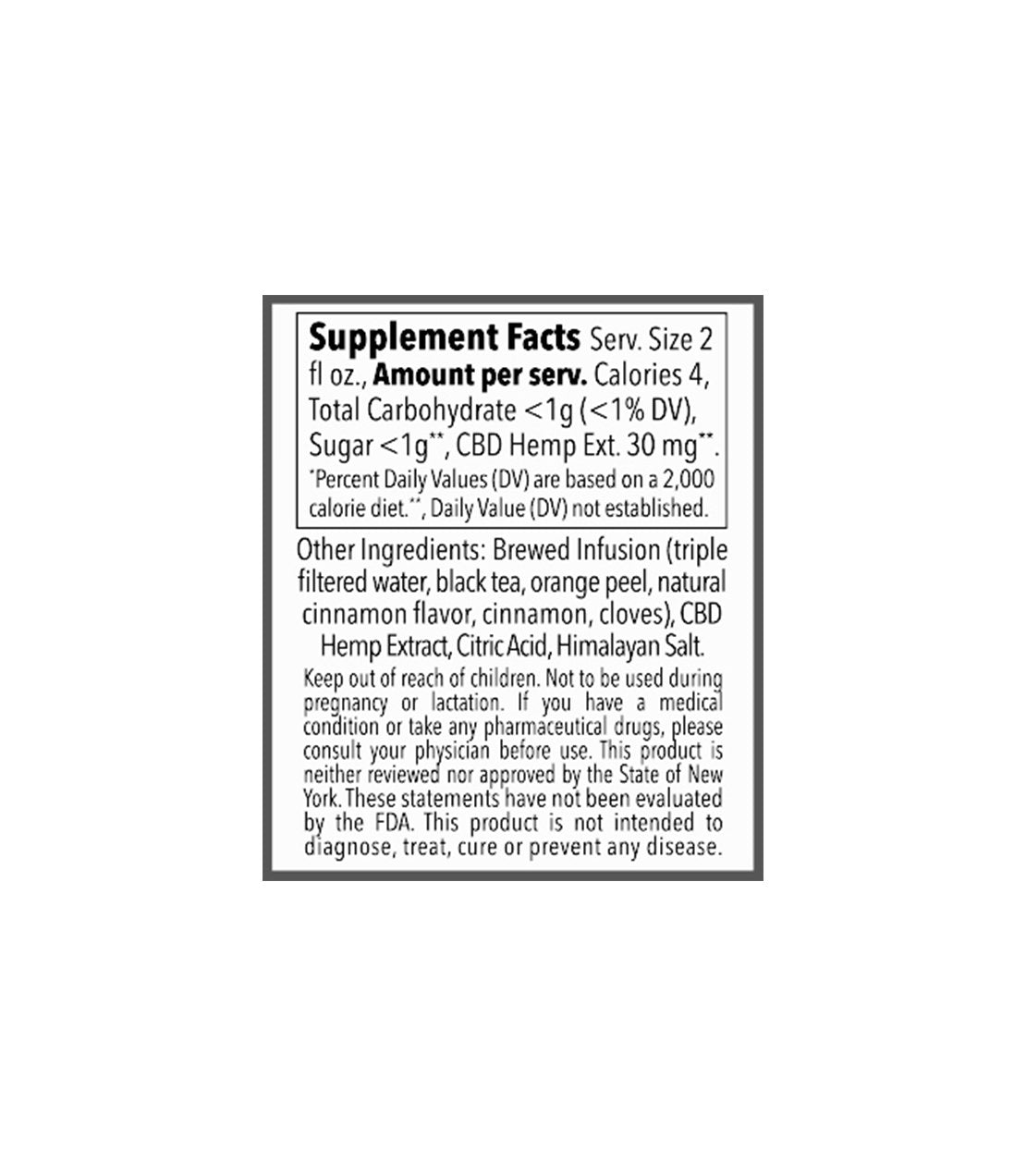 Supplement facts for Hot Cinnamon Shot with 30 MG CBD, detailing ingredients and nutritional information.