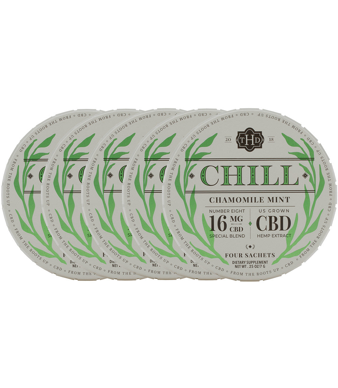 Chamomile Mint Chill product packaging featuring four sachets, each containing 16 MG CBD, labeled as a dietary supplement.