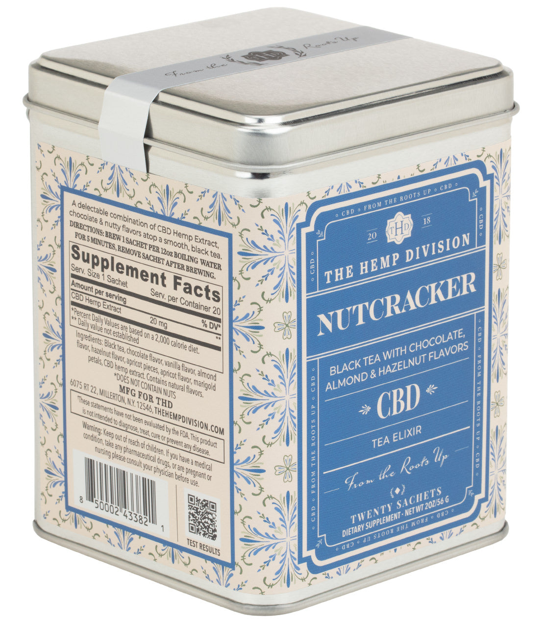 Nutcracker CBD tea tin featuring 20 MG CBD, with flavors of chocolate, almond, and hazelnut.