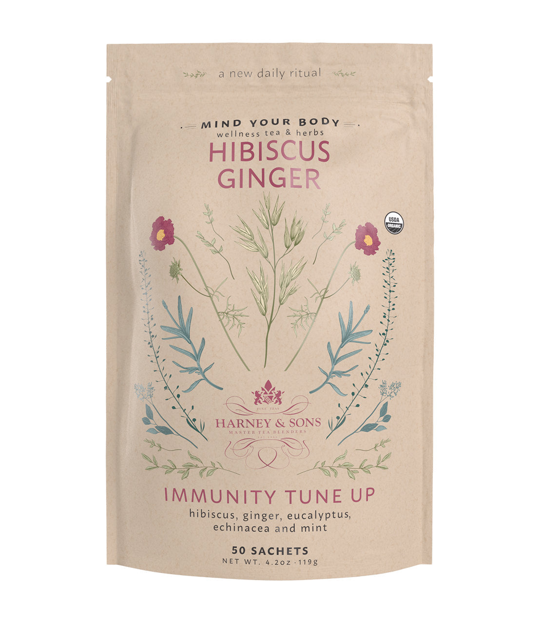 Organic Hibiscus Ginger tea packaging featuring floral designs, labeled "Immunity Tune Up" by Harney & Sons.