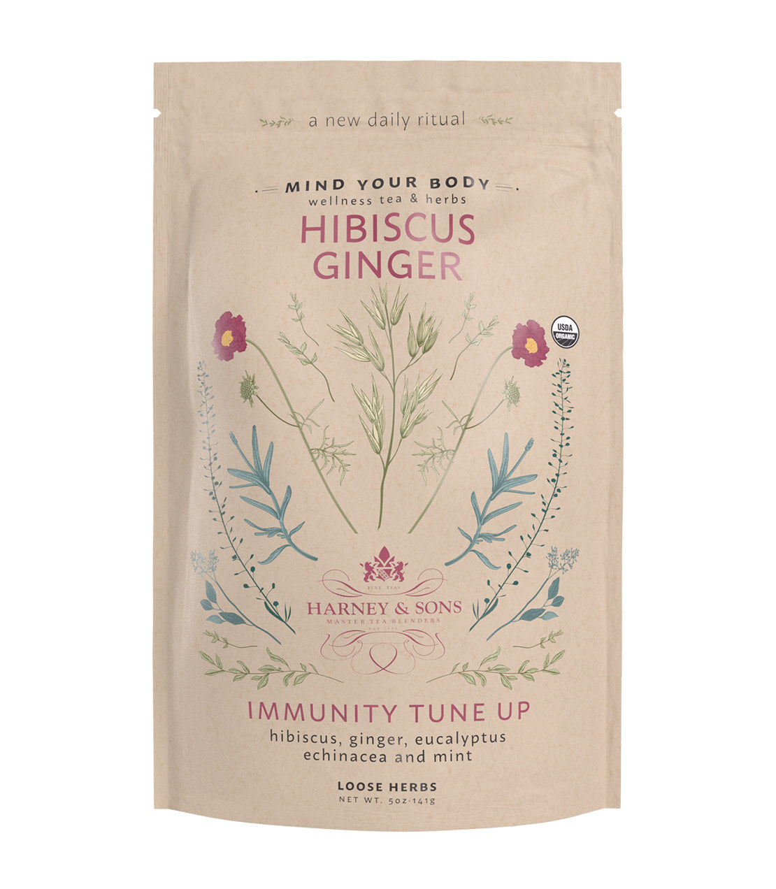 Organic Hibiscus Ginger tea packaging featuring floral designs, promoting immunity with hibiscus, ginger, and herbs.