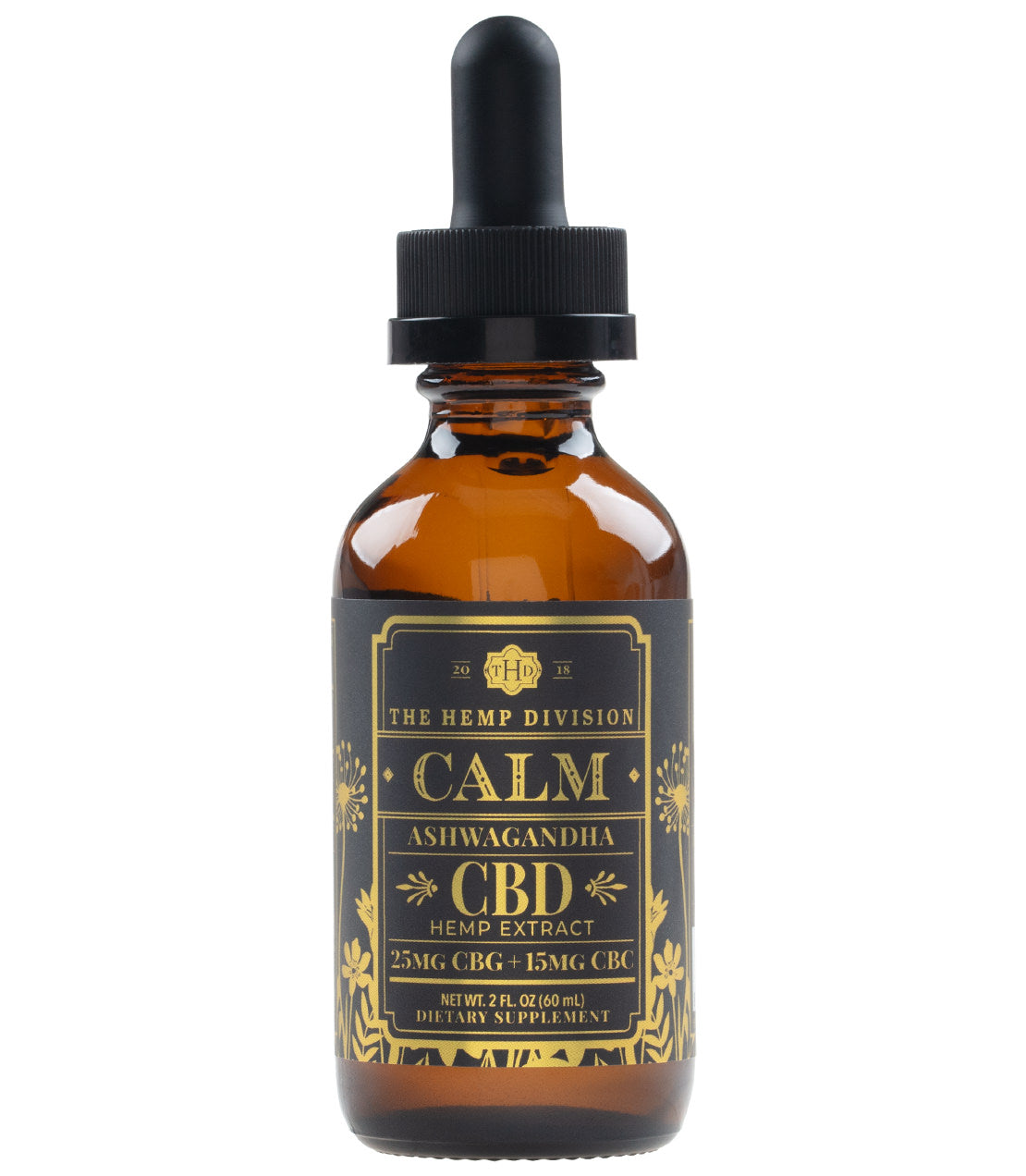 Amber glass bottle of Calm Ashwagandha CBD hemp extract tincture with dropper, labeled with dosage information.