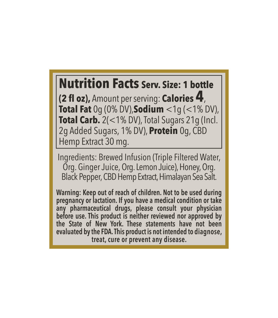 The Hemp Division- 2 fl. OZ Ginger Shot Bottle- 30 Milligrams CBD- Nutrition Facts- 4 Calories