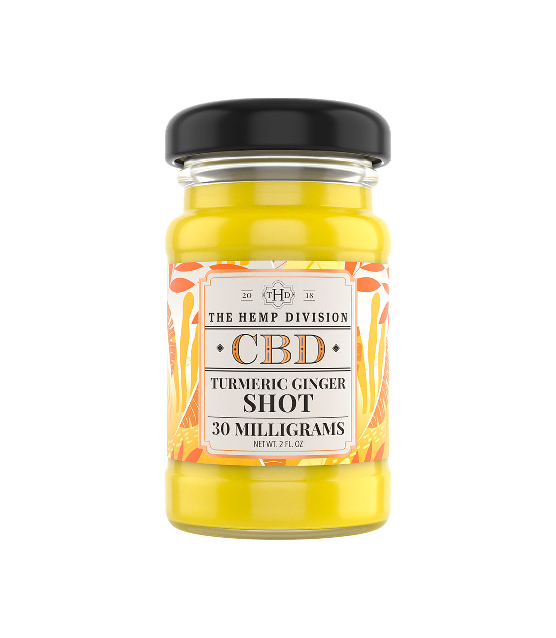 The Hemp Division- Turmeric Ginger Shot with 30 MG CBD in a glass jar, featuring a vibrant yellow liquid and a decorative label.