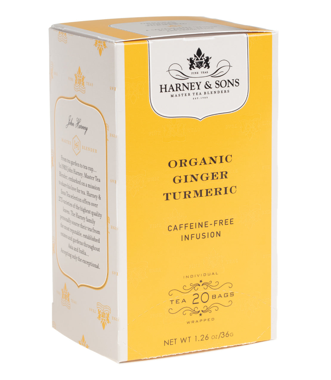 Box of Harney & Sons Organic Ginger Turmeric tea bags, caffeine-free infusion, 20 individually wrapped bags.