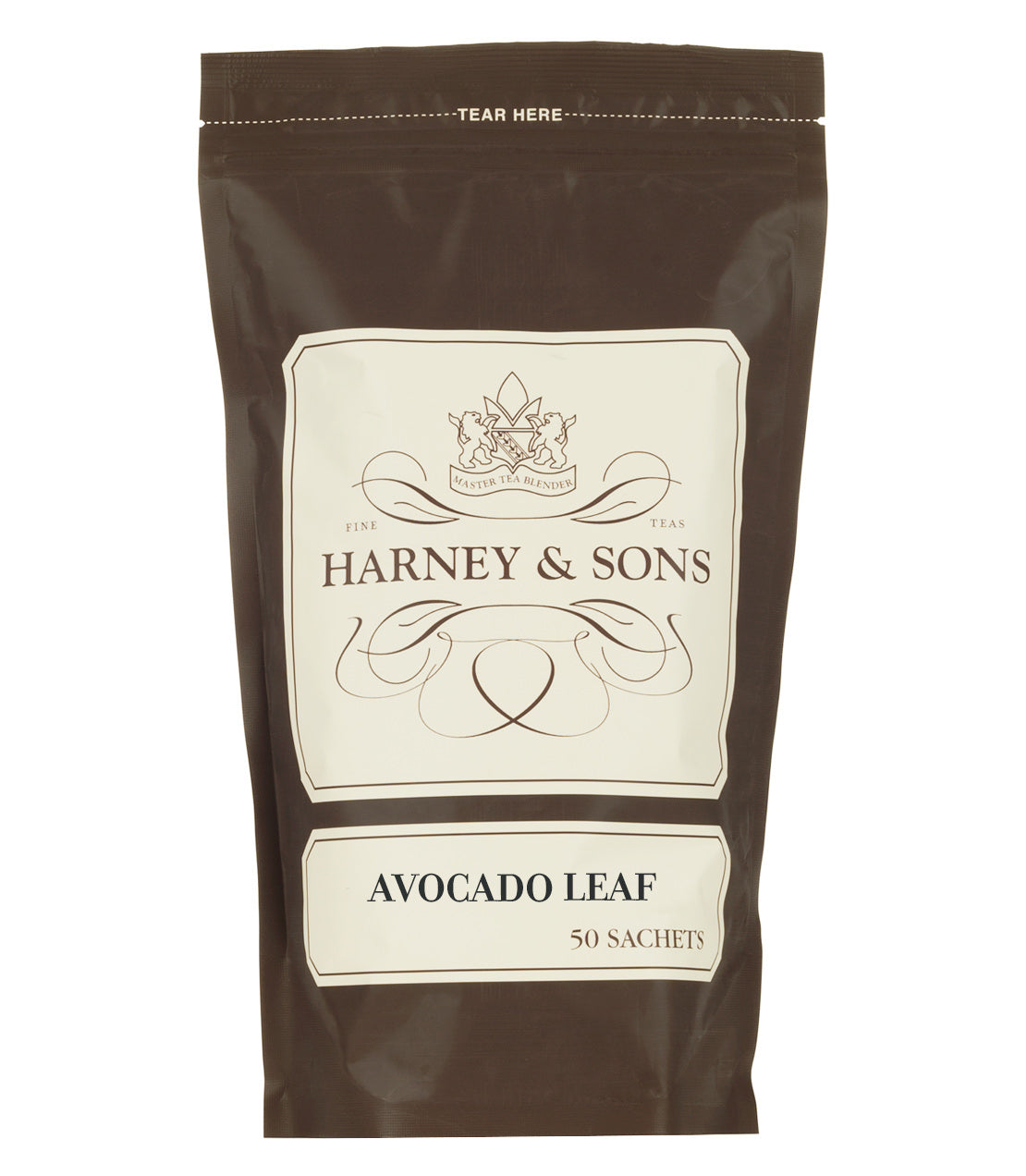 Brown packaging of Harney & Sons Avocado Leaf tea, featuring 50 sachets for brewing.