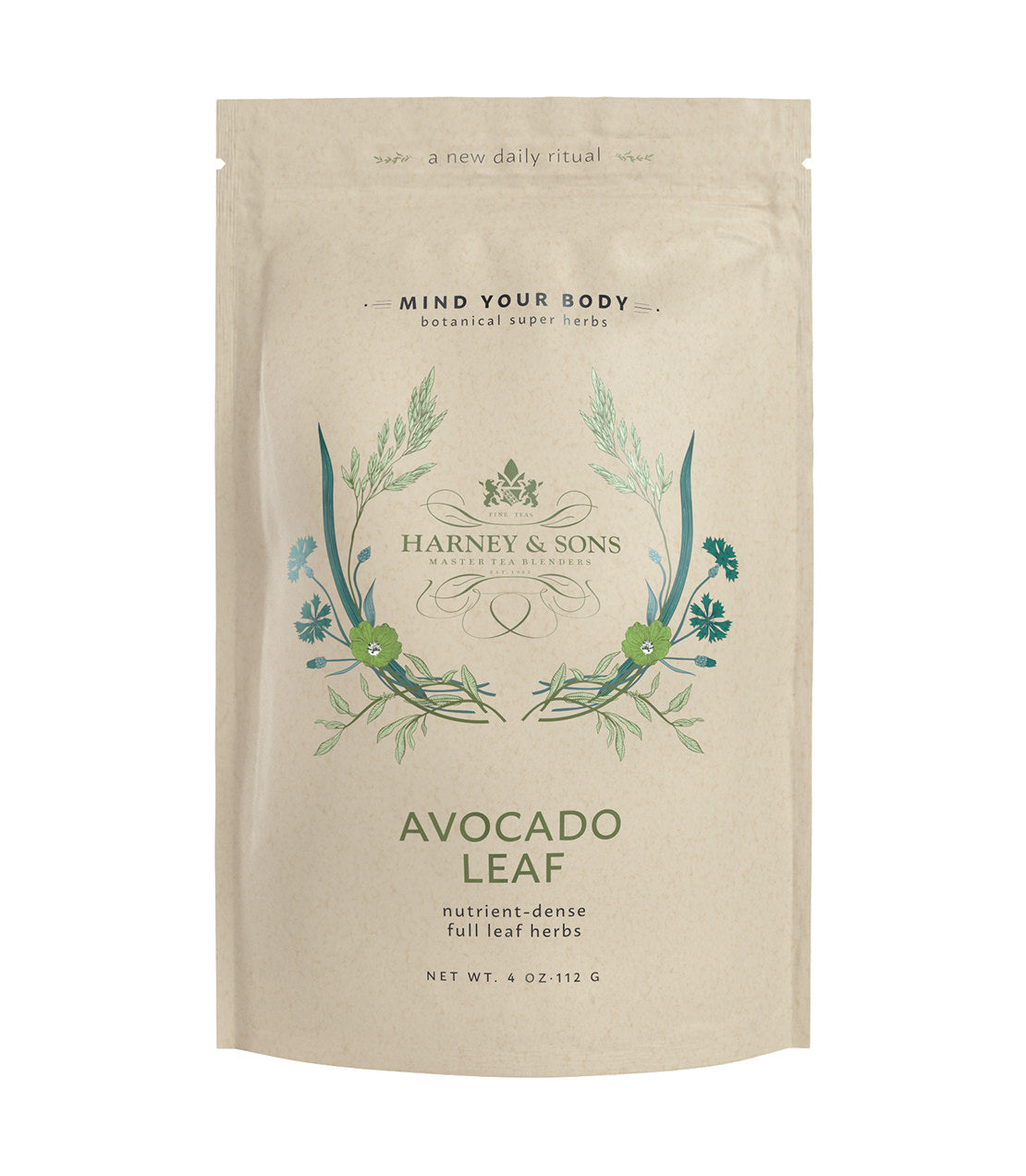 Nutrient-dense avocado leaf herbal tea packaging featuring a natural design and botanical illustrations.