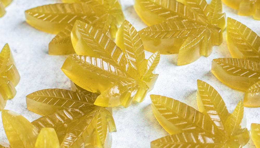 CDB infused edibles in a cannabis leaf shape.