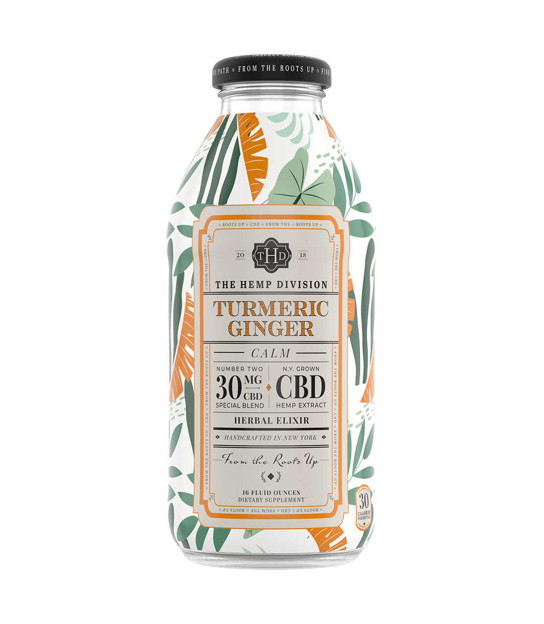 Turmeric Ginger drink with 30 MG CBD, featuring a botanical design on a glass bottle, labeled as a herbal supplement.