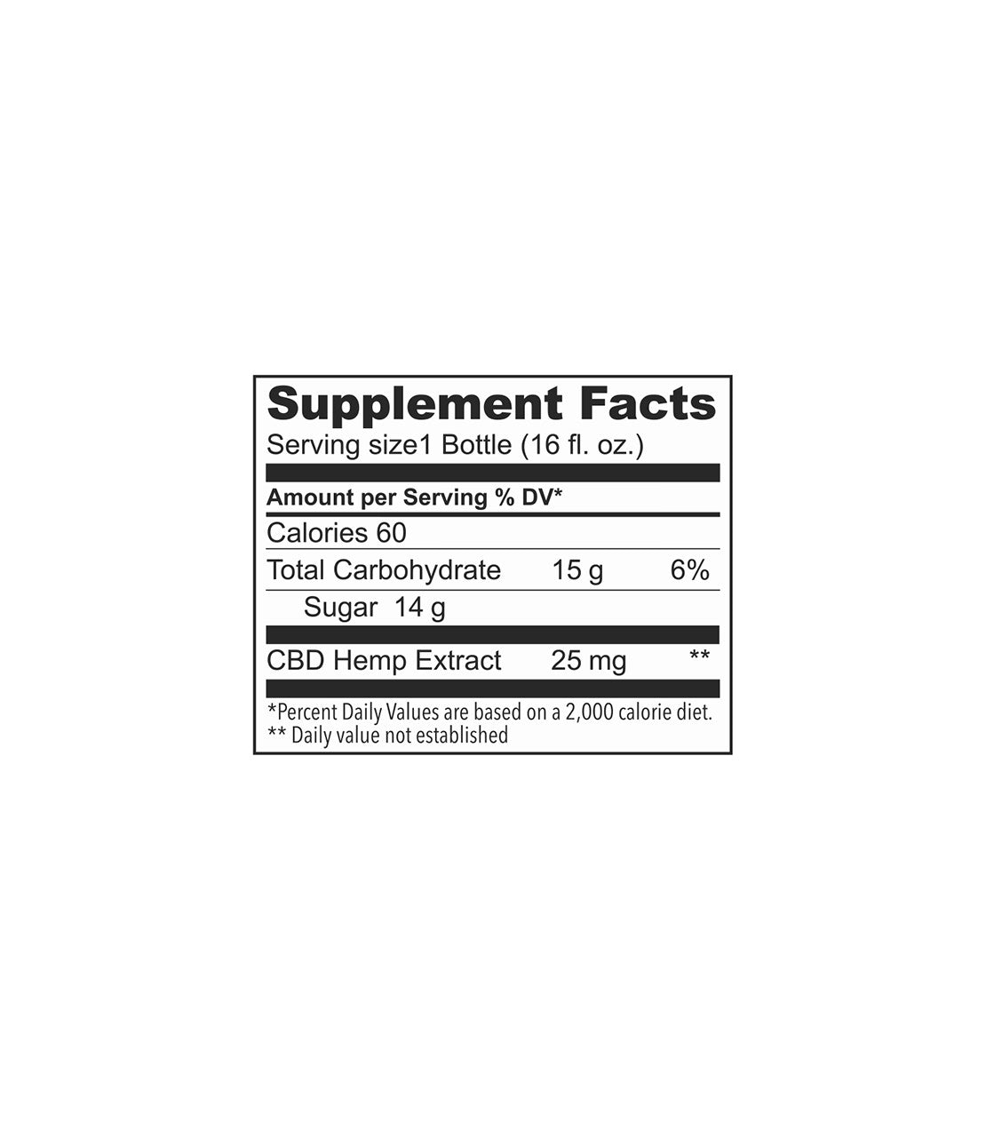 Supplement facts label for Cranberry Coconut Green beverage, featuring 25 MG CBD, 60 calories, and 14 g sugar.