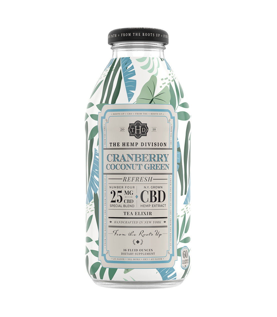 Bottle of Cranberry Coconut Green drink with 25 MG CBD, featuring tropical leaf design and nutrition label.