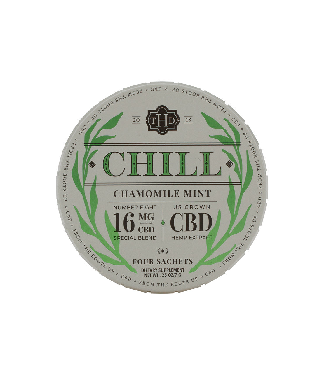 Chamomile Mint Chill product label featuring 16 MG CBD, four sachets, and dietary supplement information.