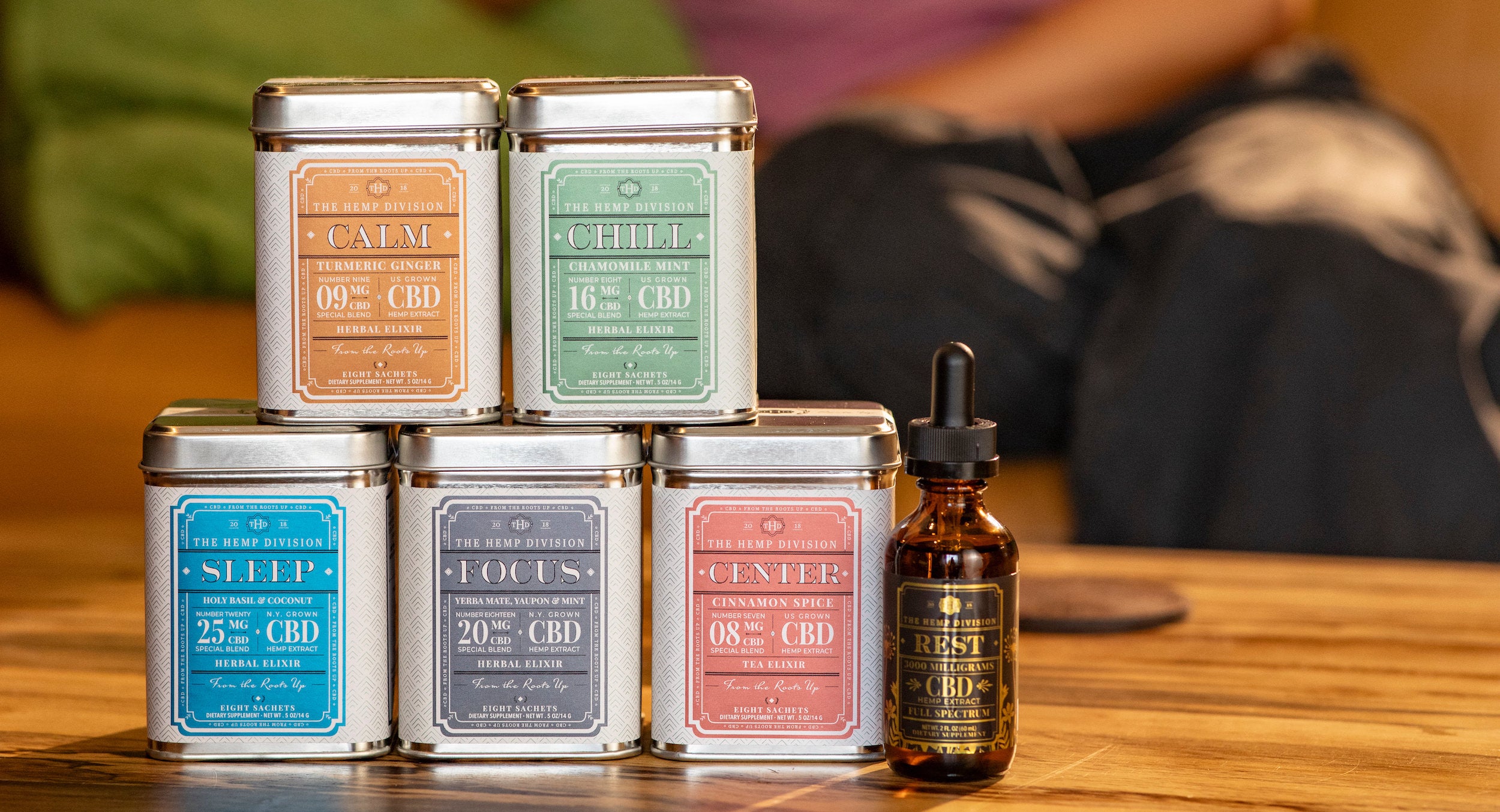 Calm Turmeric Ginger Herbal Elixir, Chill Chamomile Mint Herbal Elixir, Sleep Holy Basil and Coconut Herbal Elixir, Focus Yerba Mate, Yaupon and Mint Elixir, Center Cinnamon Spice Tea Elixir.