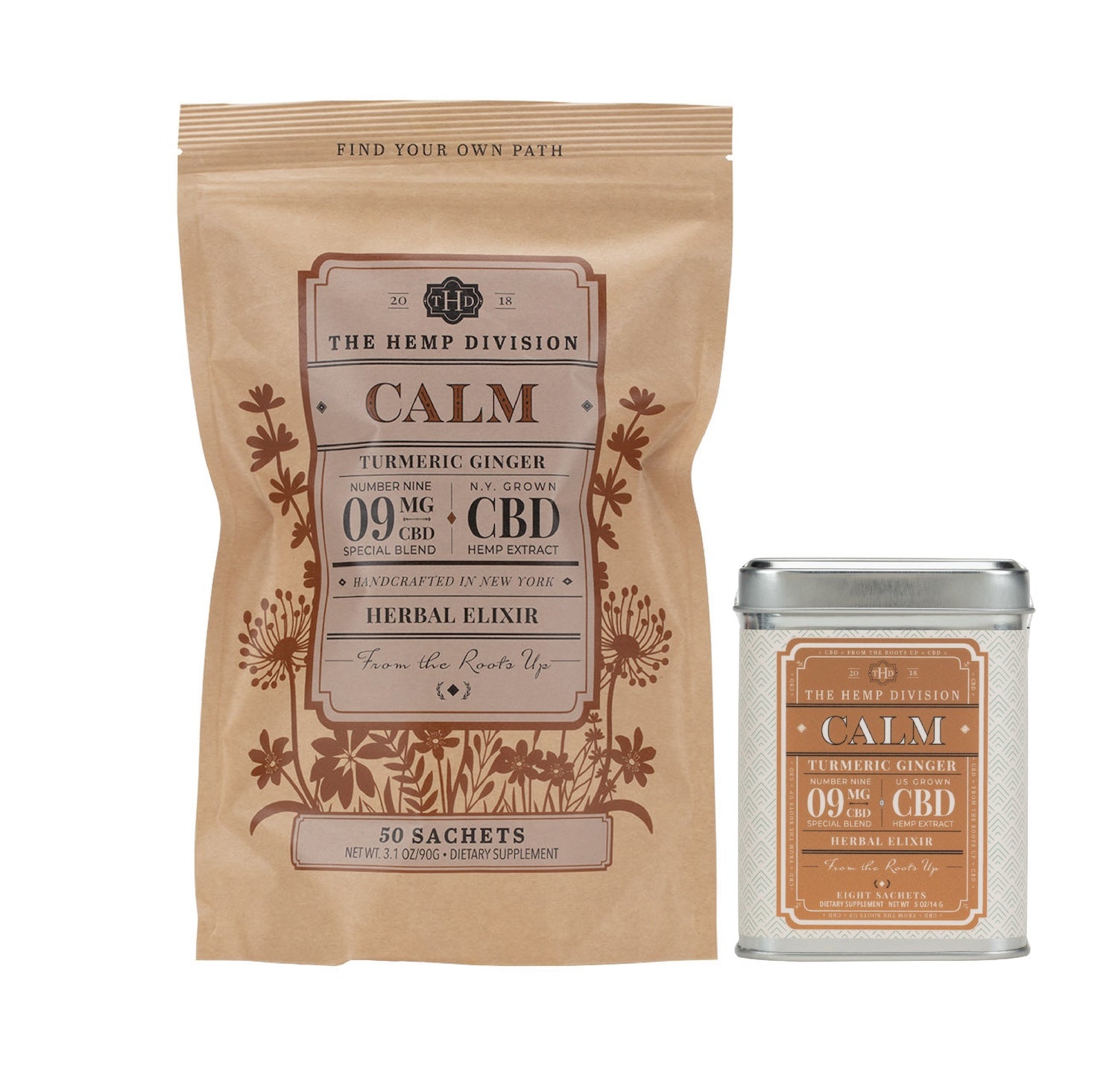 Turmeric Ginger Bundle featuring 9 MG CBD, includes 50 sachets and a herbal elixir tin for wellness.