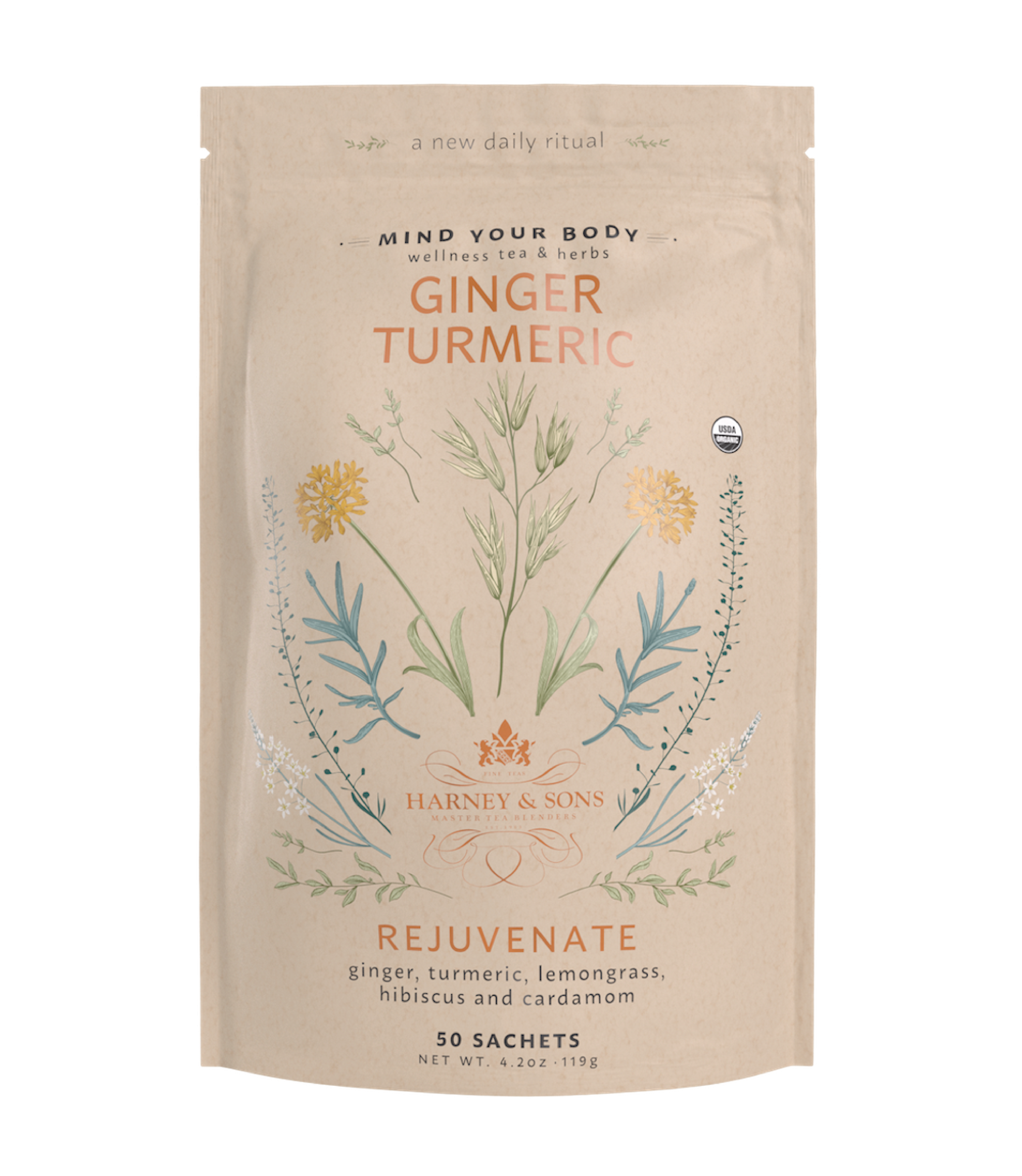 Organic Ginger Turmeric tea sachets by Harney & Sons, featuring ginger, turmeric, lemongrass, hibiscus, and cardamom.