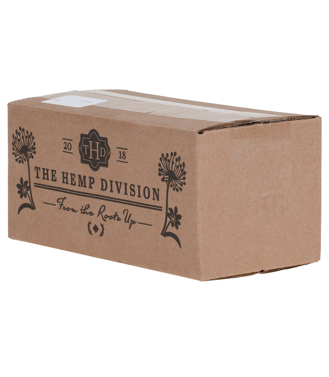 Brown cardboard box labeled "The Hemp Division" containing Turmeric Ginger Shots with 30 MG CBD.