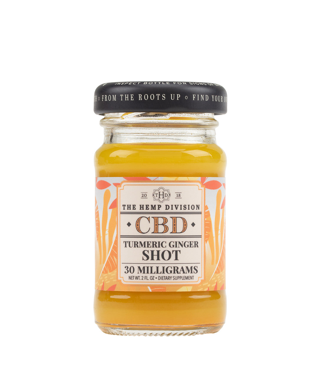 Turmeric Ginger Shot with 30 MG CBD in a glass jar, featuring a vibrant yellow liquid and a decorative label.