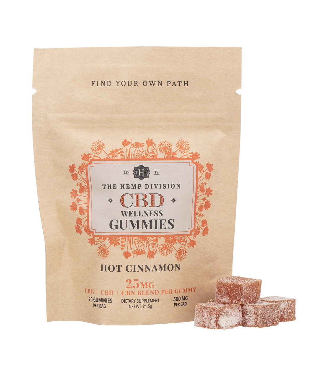 Hot Cinnamon Gummies package with 25 MG CBD, featuring a floral design and three gummies beside it.