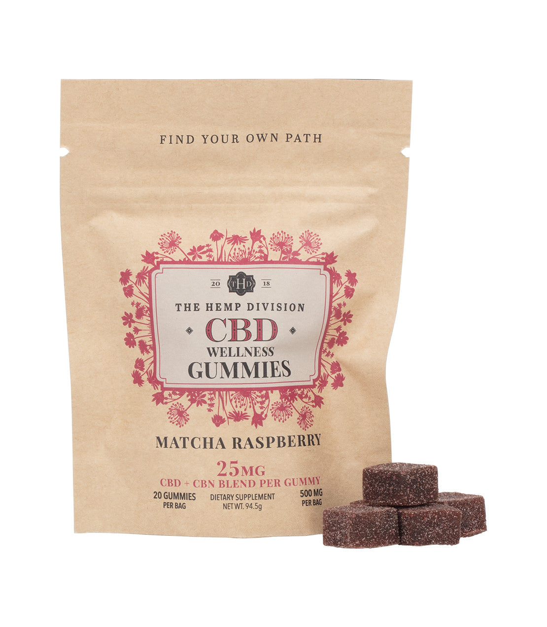 Matcha Raspberry Gummies package with 25 MG CBD, featuring a floral design and gummies beside it.