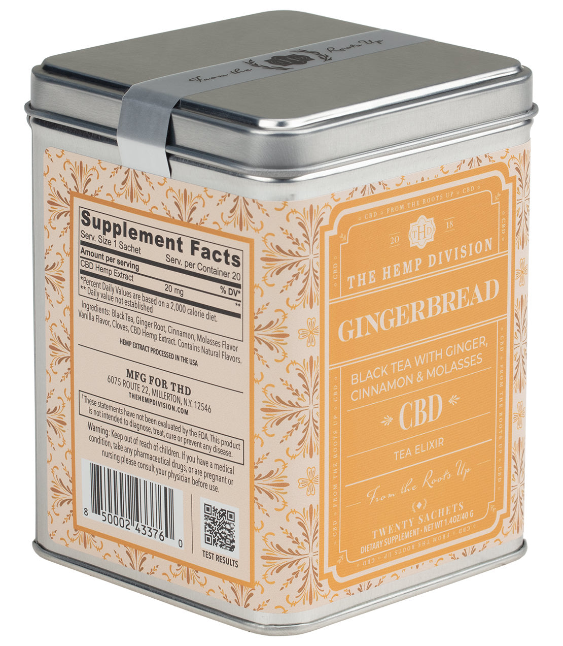 Gingerbread CBD tea tin with 20 MG CBD, featuring black tea, ginger, cinnamon, and molasses ingredients.