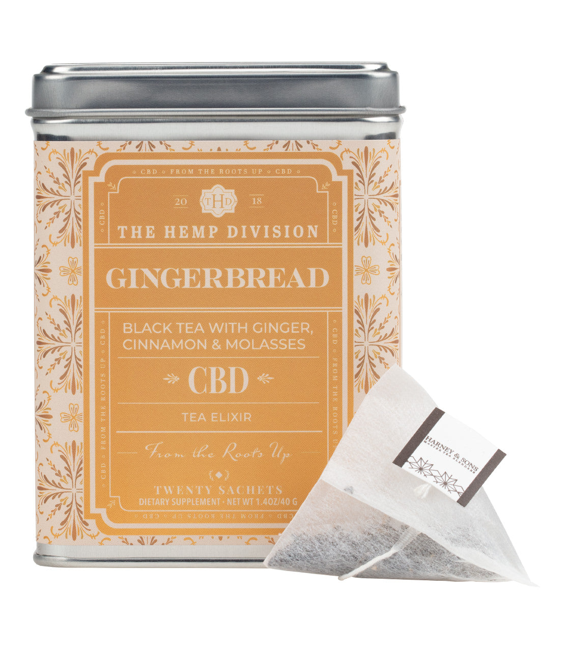 Gingerbread CBD tea elixir tin featuring black tea with ginger, cinnamon, and molasses; contains 20 MG CBD.