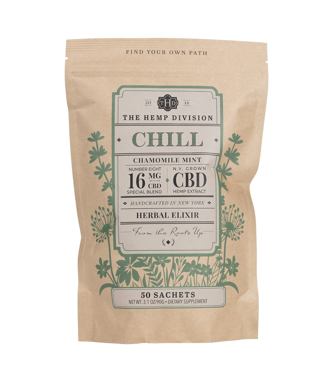 Chamomile Mint Chill herbal elixir packaging with 16 MG CBD, featuring 50 sachets and botanical illustrations.