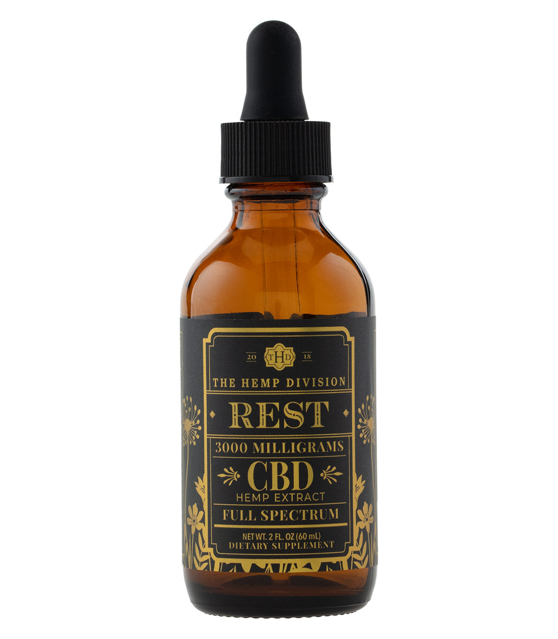 Extra Strength CBD Hemp Extract Tincture labeled "Rest," 3000 mg, in a brown glass bottle with a dropper.