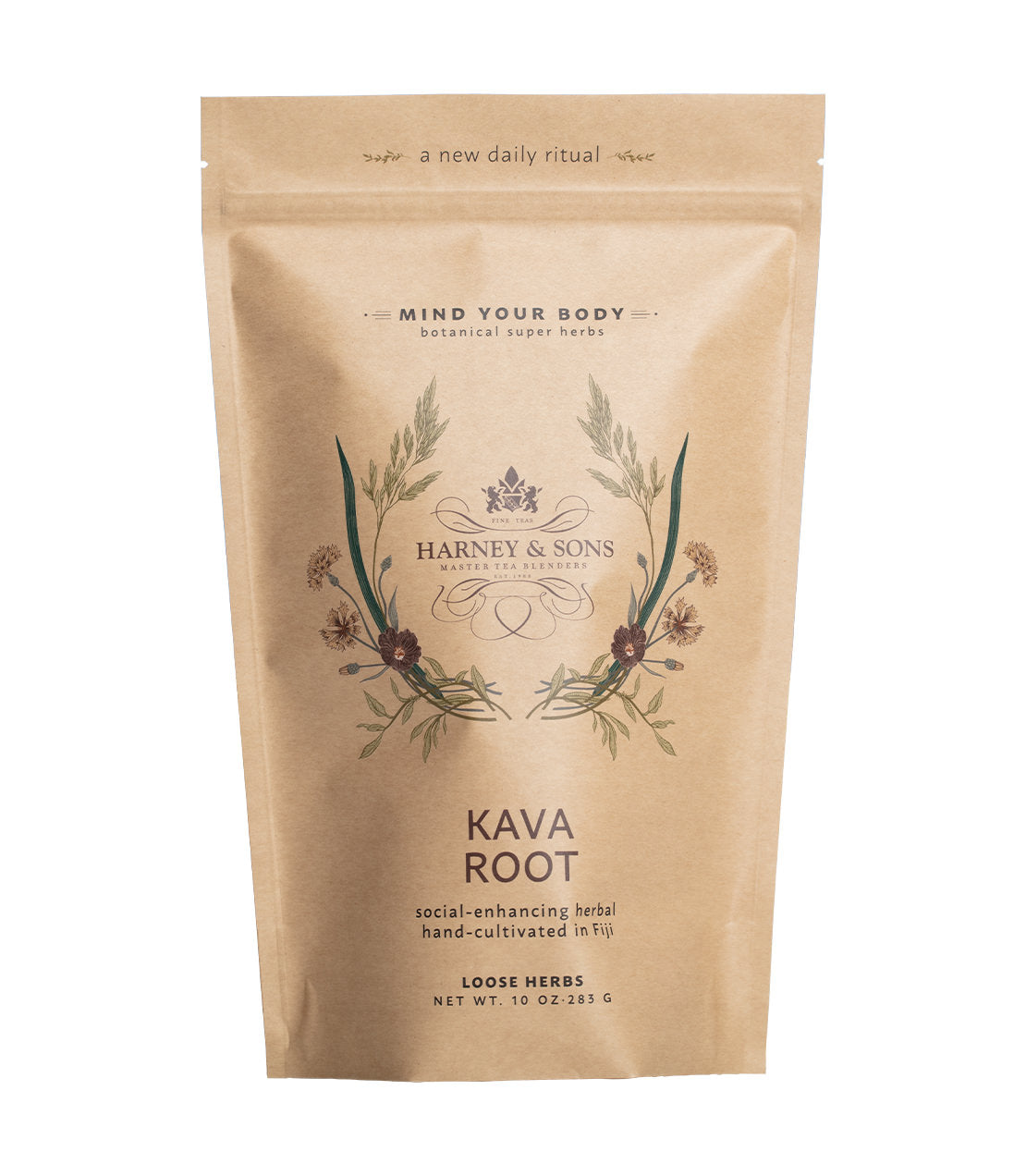 Kava Root herbal product by Harney & Sons in a decorative brown pouch, promoting social enhancement and wellness.
