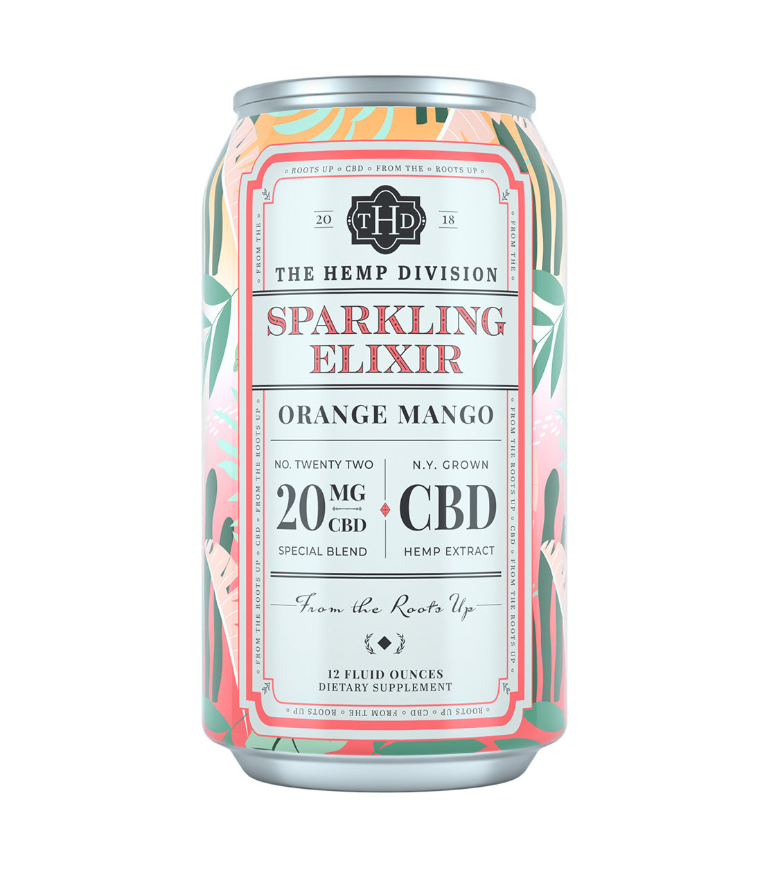 Can of Orange Mango Sparkling Elixir with 20 MG CBD, featuring vibrant tropical design and health supplement details.
