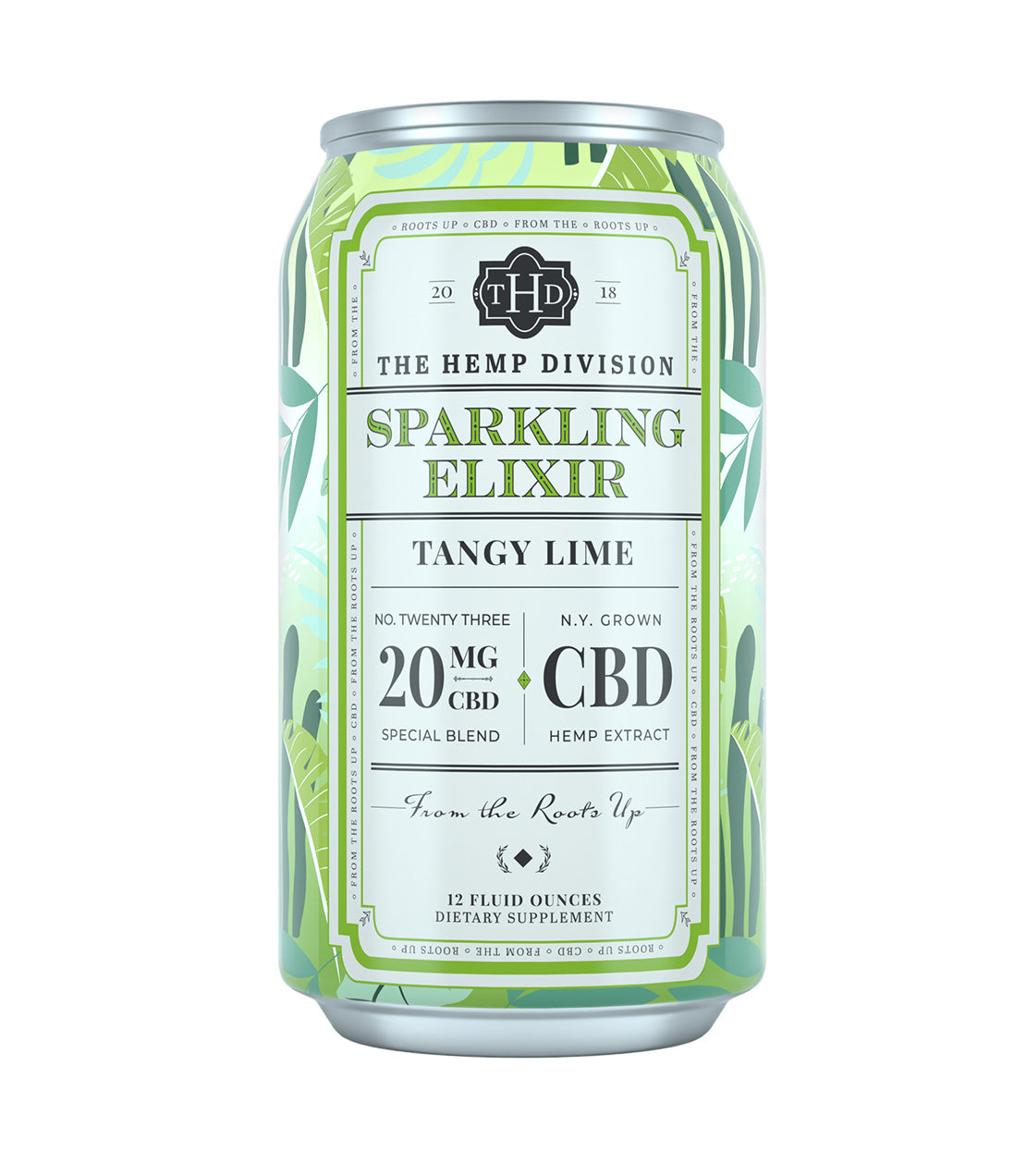 Can of Tangy Lime Sparkling Elixir with 20 MG CBD, featuring green tropical design and nutritional information.