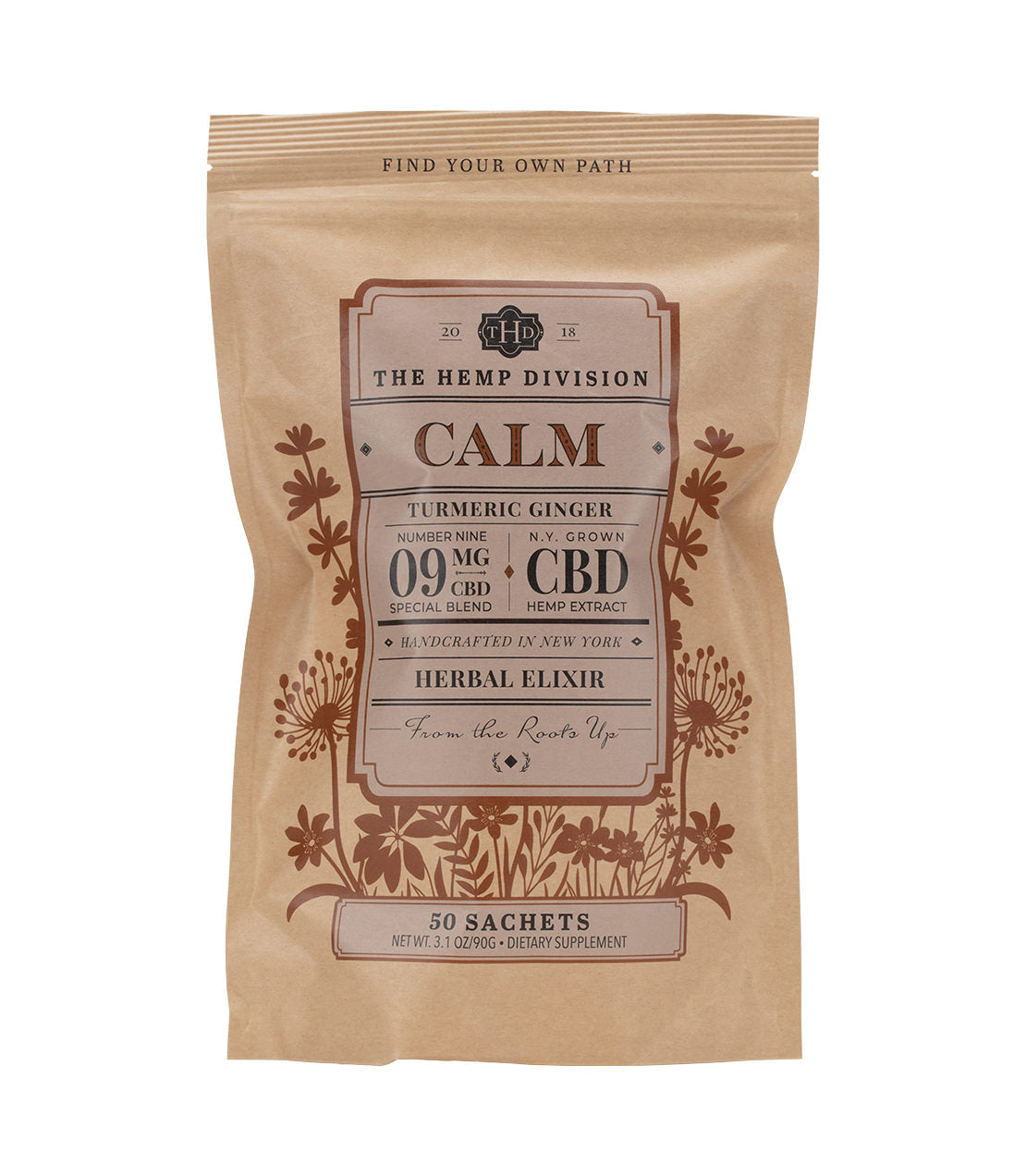 Turmeric Ginger Calm herbal elixir packaging with 9 MG CBD, featuring 50 sachets for dietary supplementation.