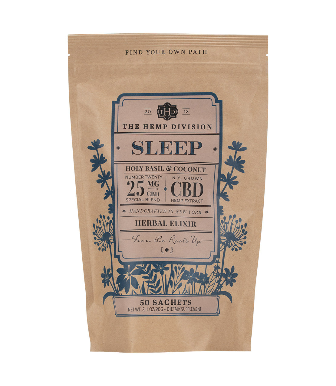 Holy Basil & Coconut Sleep herbal elixir with 25 MG CBD, 50 sachets, from The Hemp Division, New York.