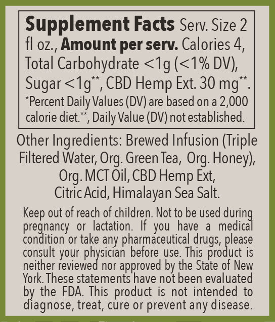Supplement facts for Green Tea & Honey Shot with 30 MG CBD, detailing ingredients and nutritional information.