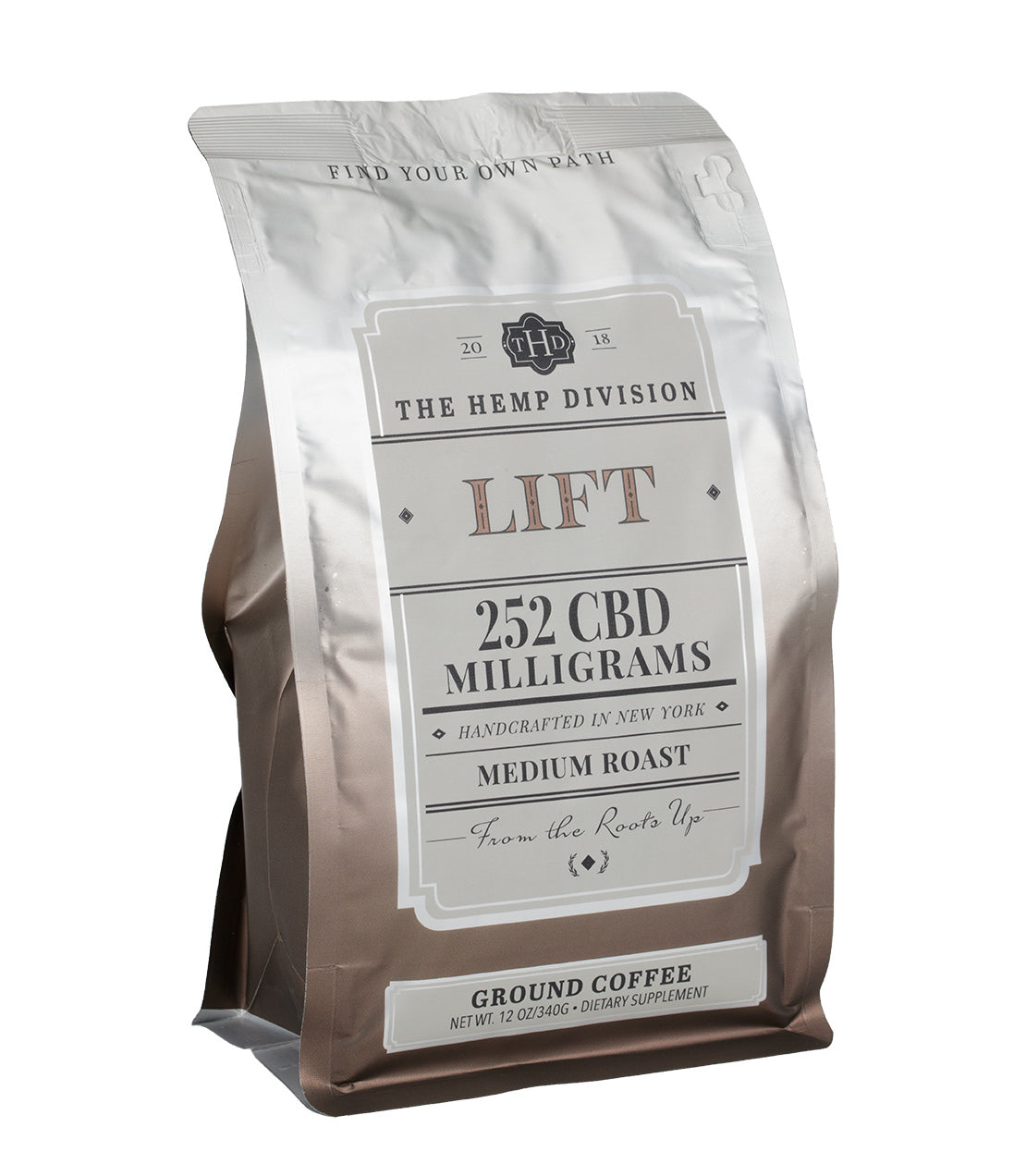 Lift Ground Coffee bag featuring 252 MG CBD, medium roast, handcrafted in New York, 12 oz dietary supplement.