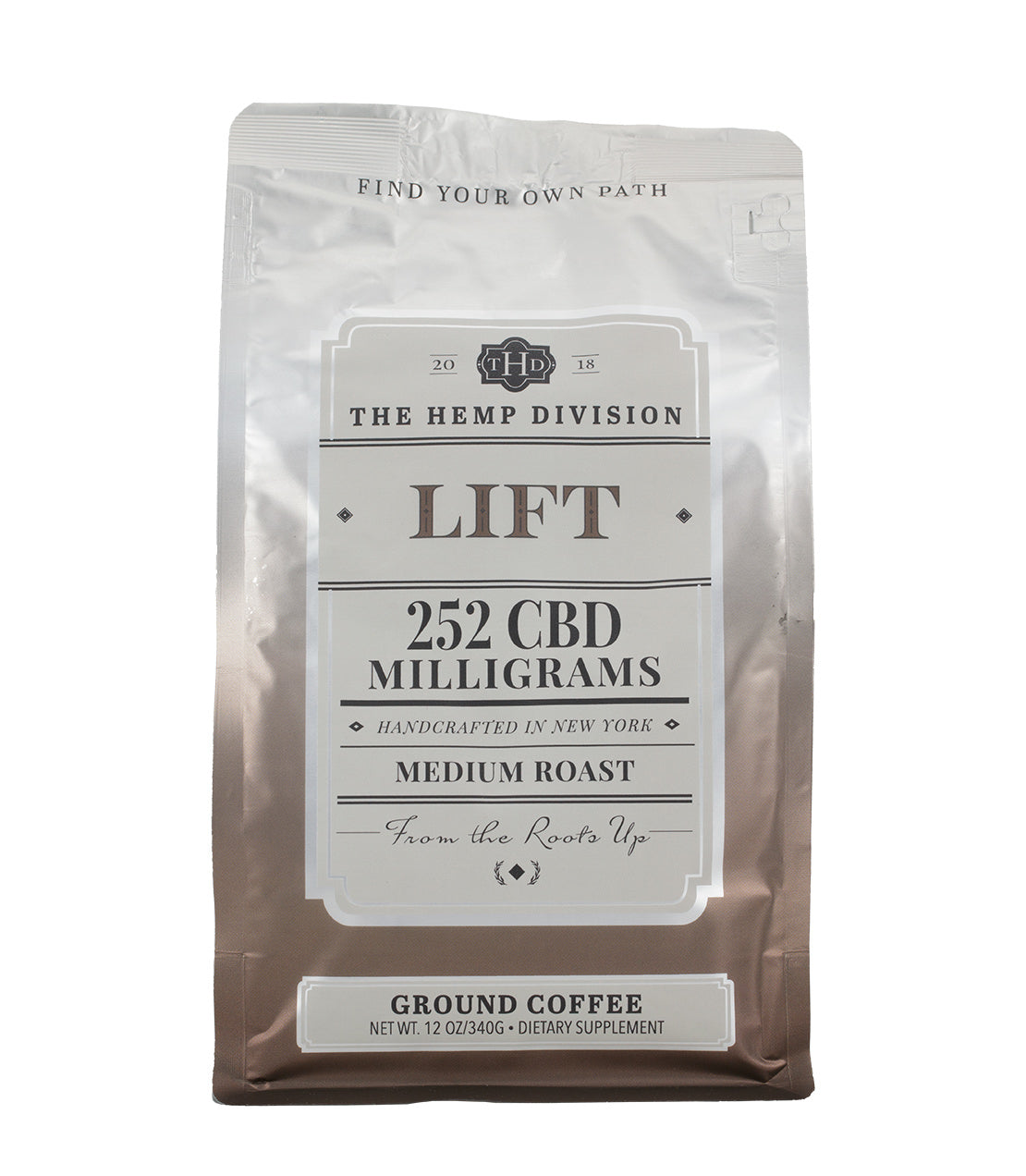 Lift Ground Coffee package featuring 252 MG CBD, medium roast, handcrafted in New York, dietary supplement.