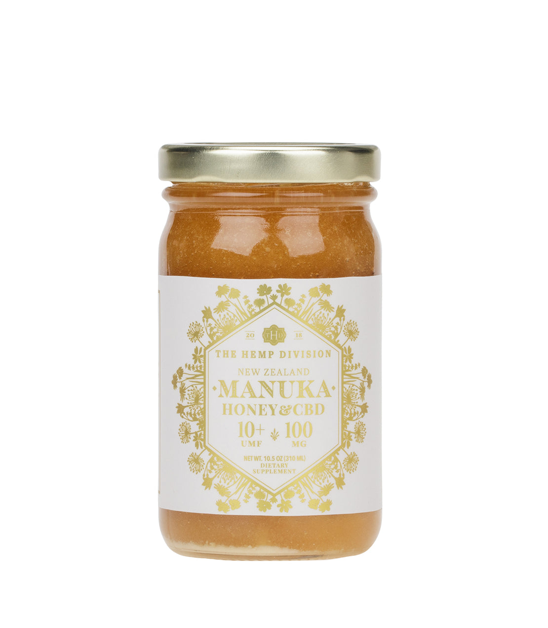 Jar of Manuka Honey with 100 MG CBD, featuring a decorative label and golden honey inside.