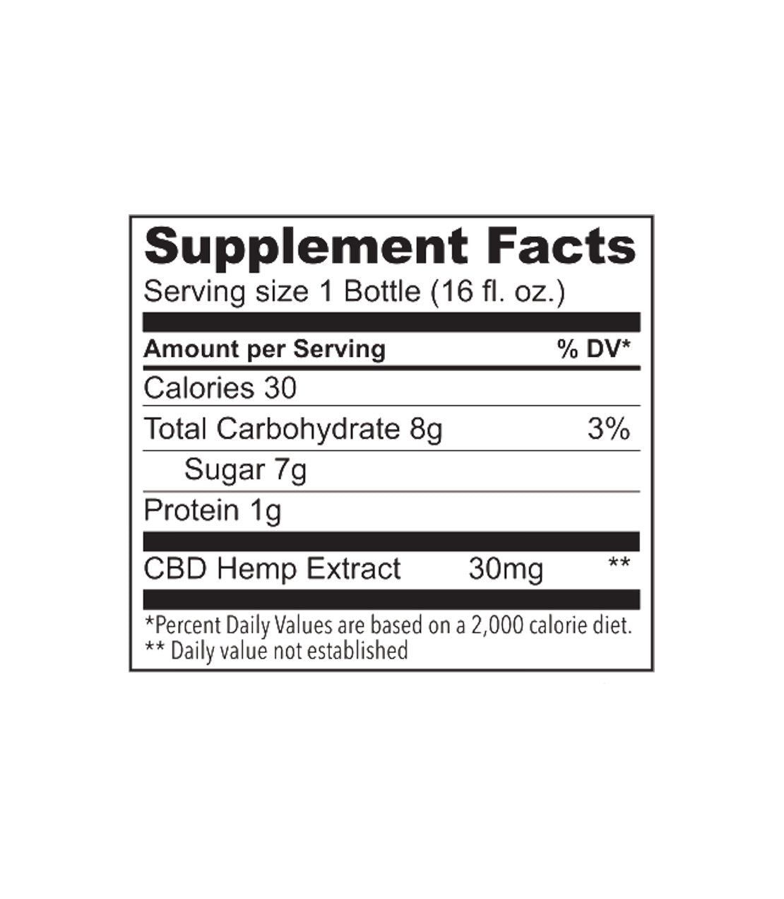 Supplement facts label for Turmeric Ginger with 30 MG CBD, detailing calories, carbohydrates, sugar, protein, and CBD content.