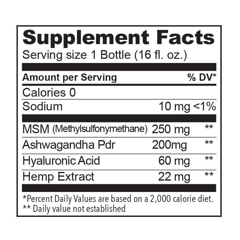 Supplement facts label for organic tea with herbs and 22 mg CBD, detailing ingredients and nutritional information.