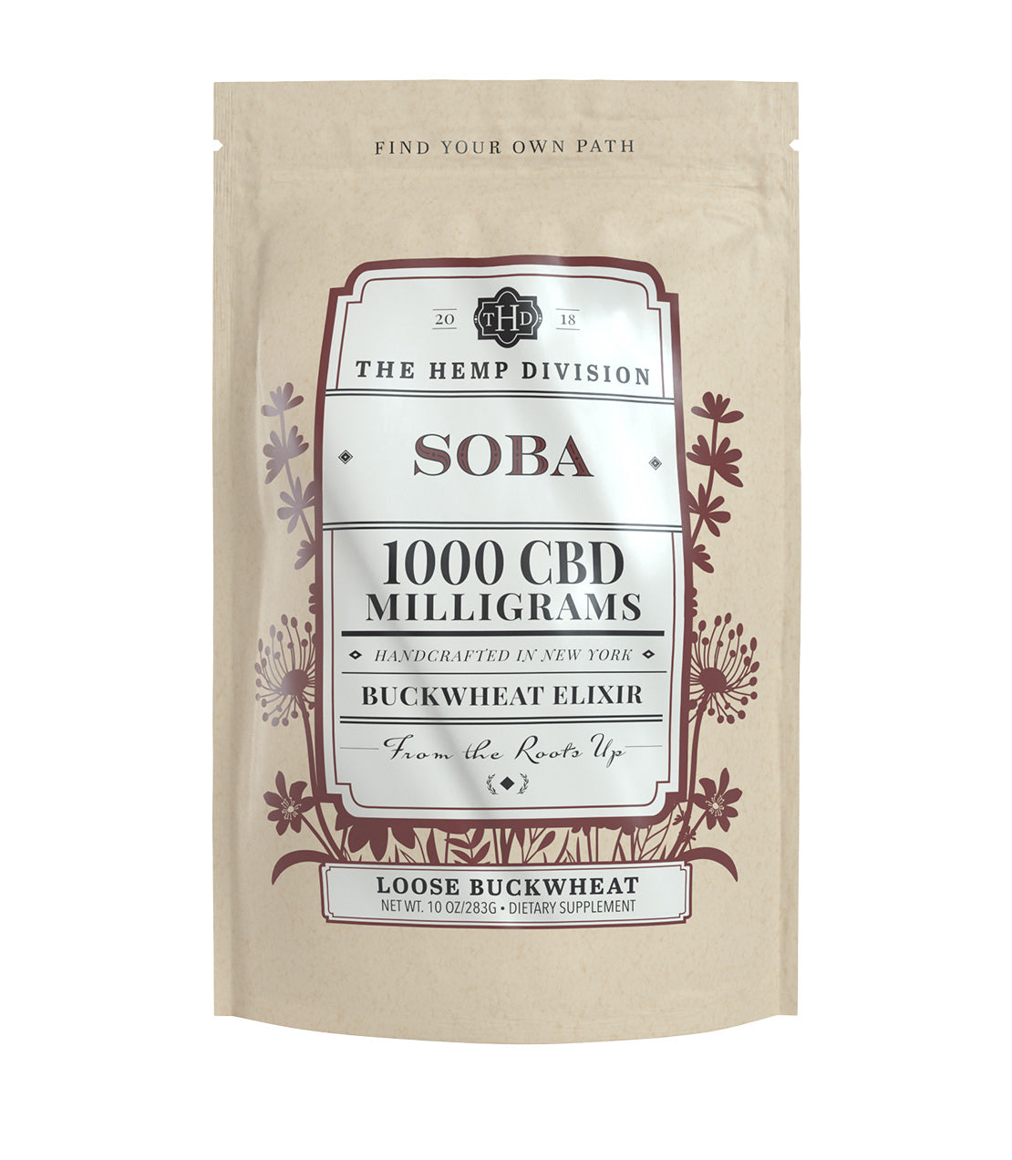 Soba Elixir 1,000 MG CBD packaging, featuring a natural design and health supplement details.