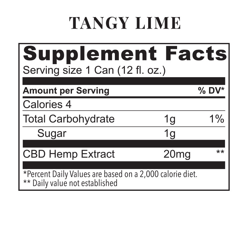 Supplement facts for Tangy Lime Sparkling Elixir, featuring 20 MG CBD, 4 calories, and 1g total carbohydrates.