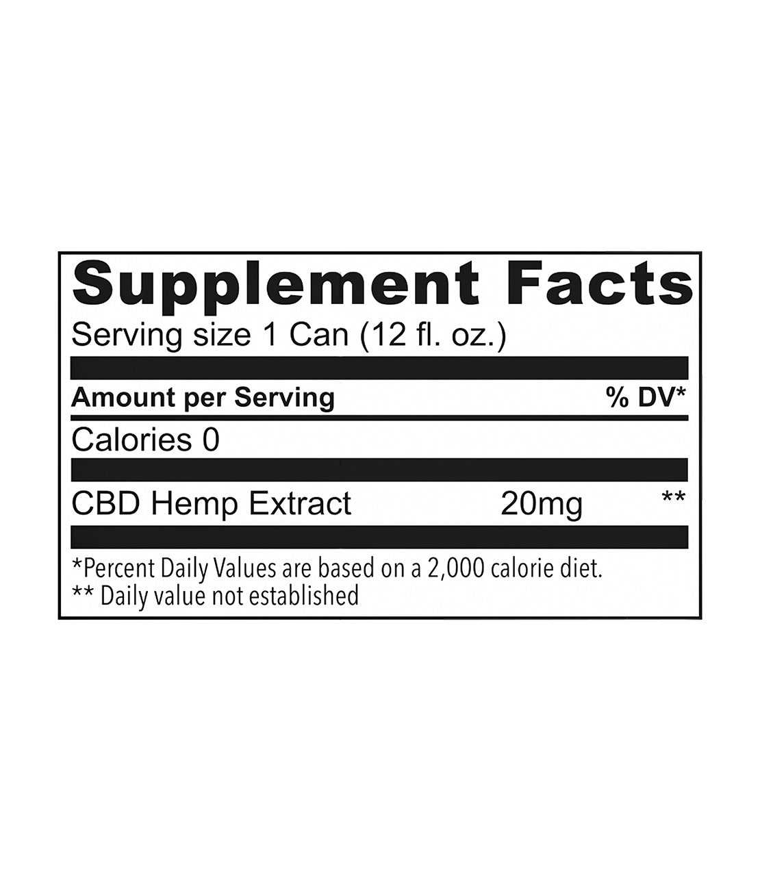 Supplement facts label for Orange Mango Sparkling Elixir, featuring 20 mg CBD per 12 fl. oz. can.