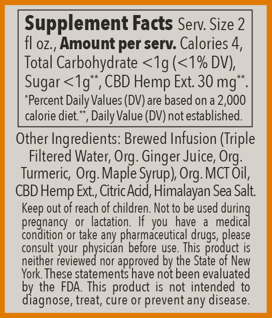 Supplement facts for Turmeric Ginger Shot with 30 MG CBD, detailing ingredients and nutritional information.